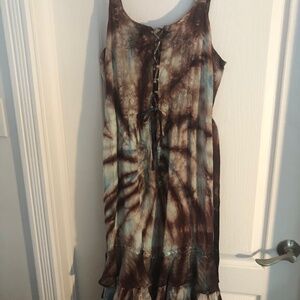 Boho Brown and Blue Tie Dye MIDI M/L  Hippie Dress
